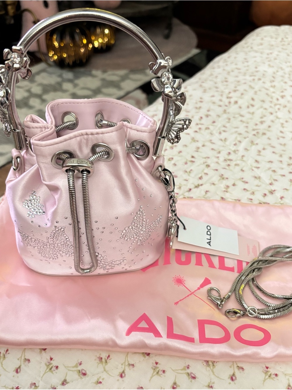NWT ALDO x Wicked Glindafied Pink Rhinestone Butterfly Bucket Bag